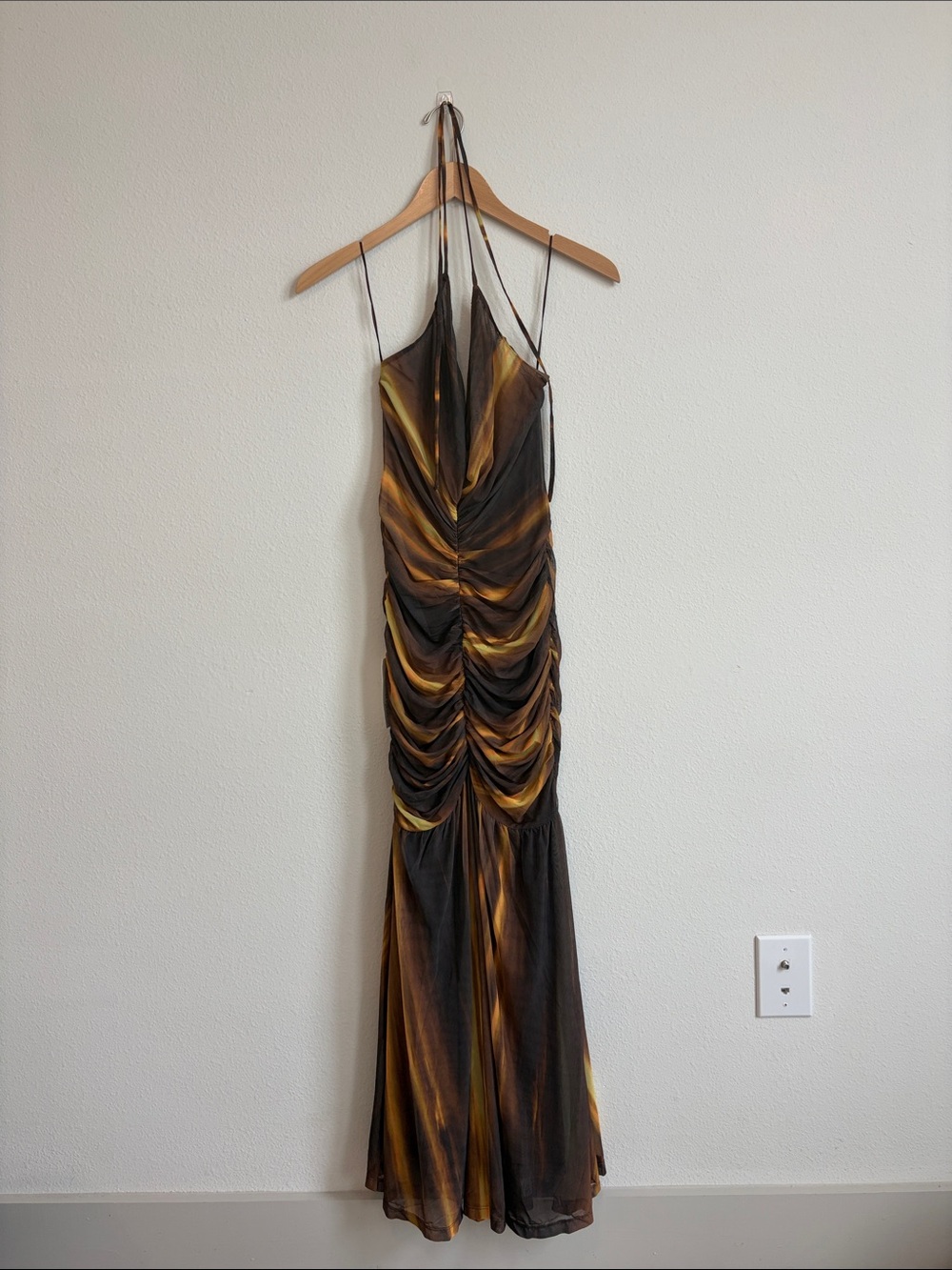 Bardot Brown and Gold Ruched Maxi Slip Dress